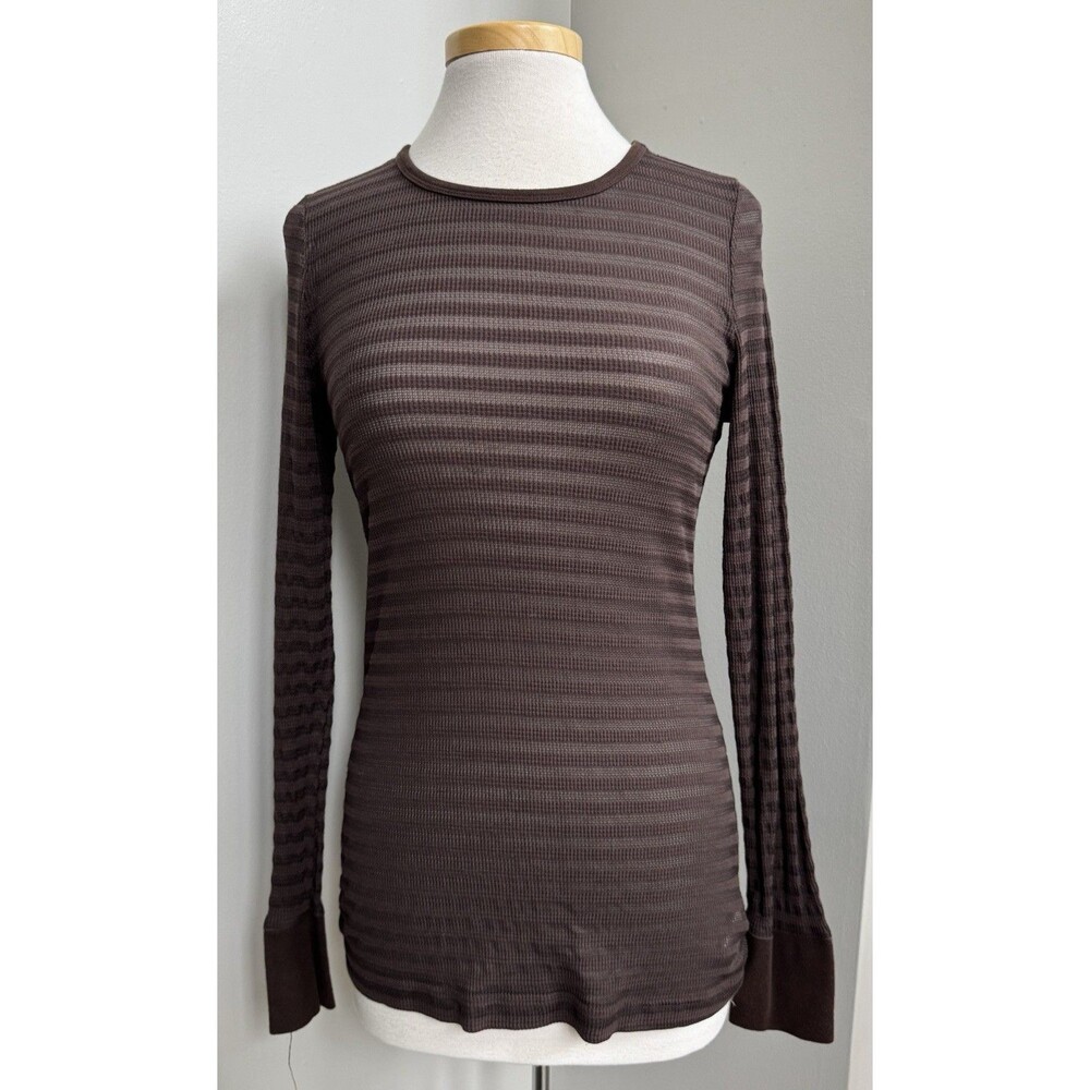 To The MAX Womens XL Brown Striped Stretch Knit Round Neck Long Sleeve Tee~XL